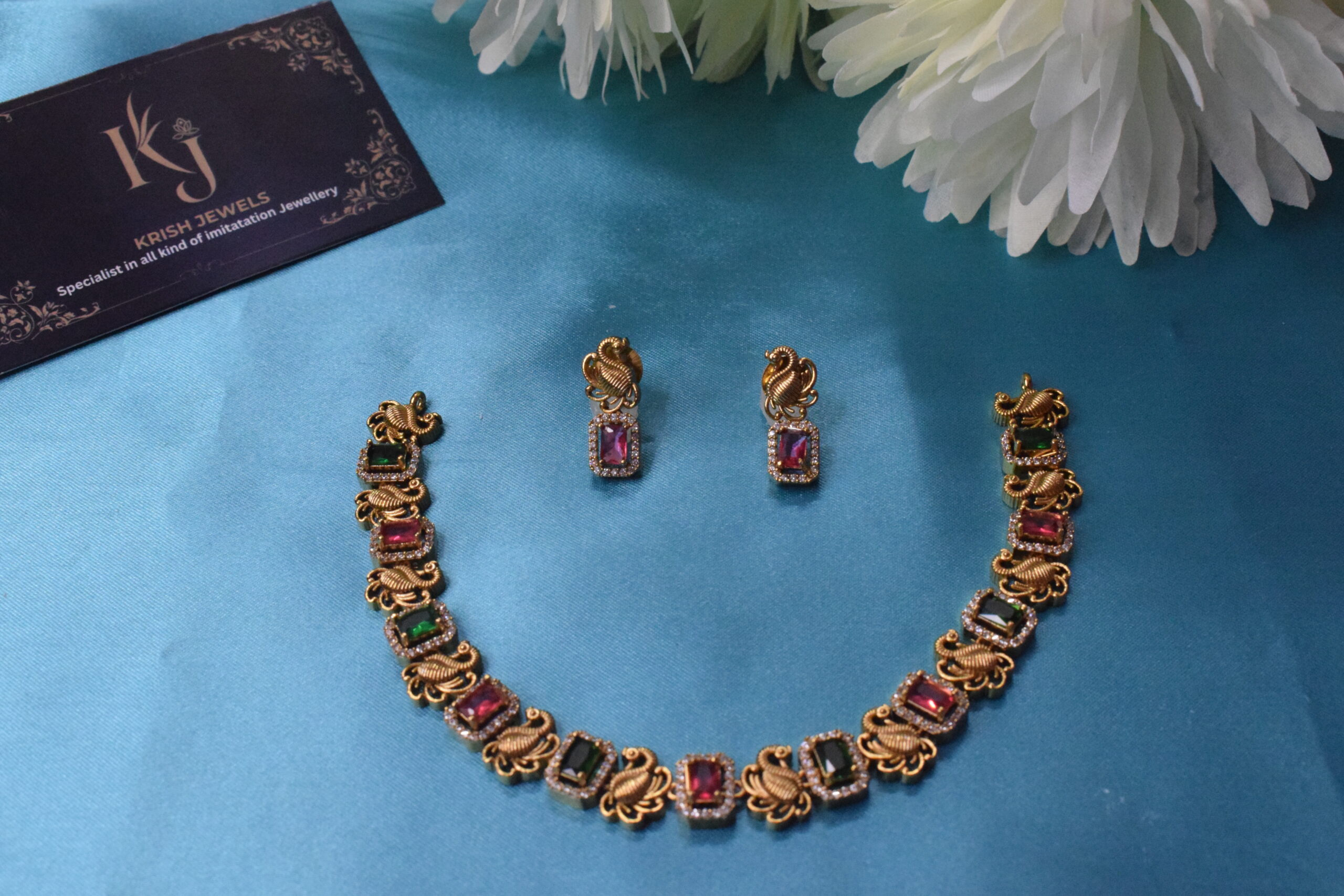 Pink and green stone necklace set KJ117