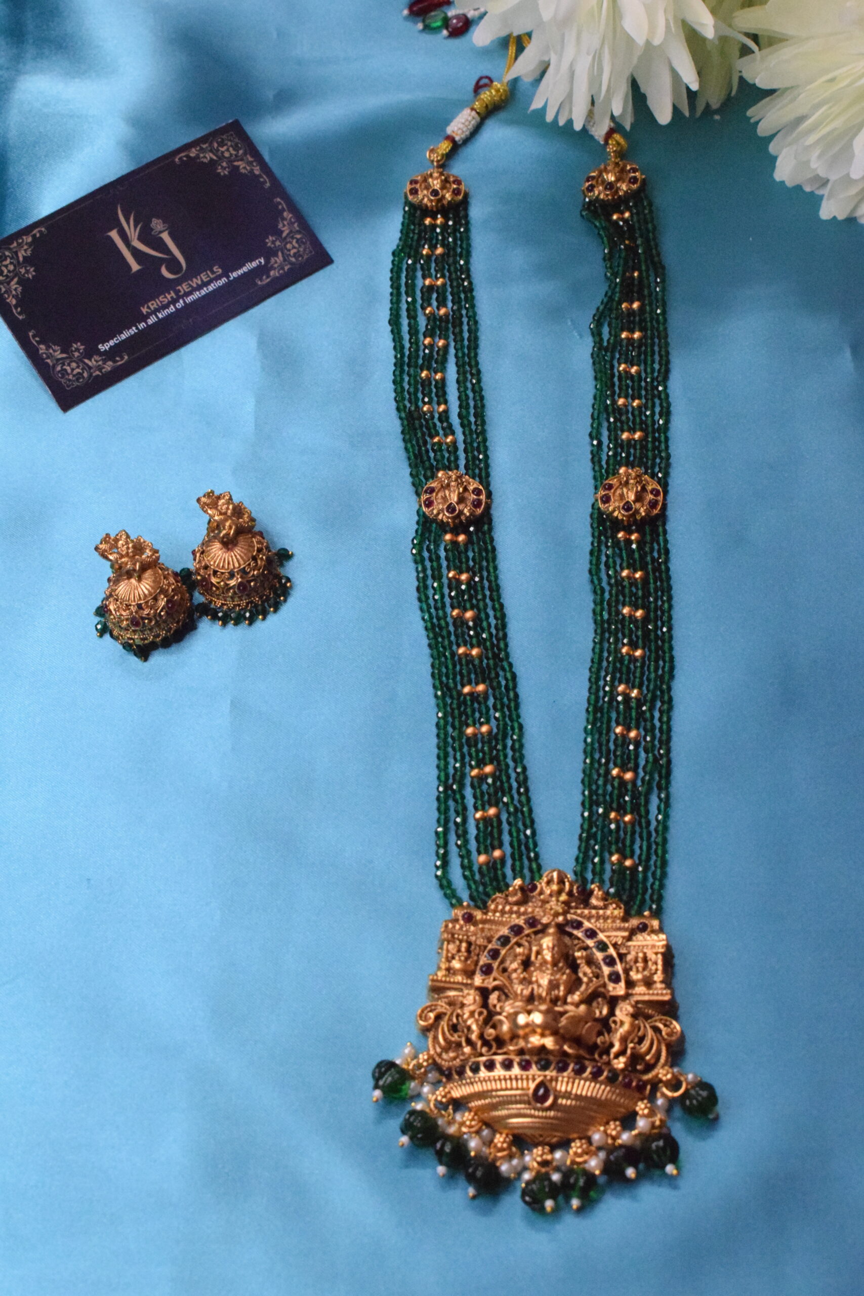 Classic Antique green crystal pearl long haram set KJ135